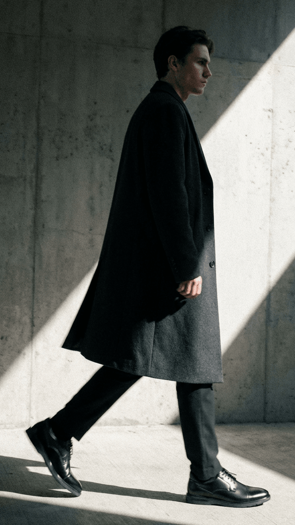 LB1505-BLK_Cinematic_Street_Style_1_-_Figure_in_Dark_Coat_Mid-Stride_with_Black_Derby_Shoes