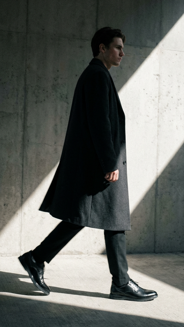 LB1505-BLK_Cinematic_Street_Style_1_-_Figure_in_Dark_Coat_Mid-Stride_with_Black_Derby_Shoes